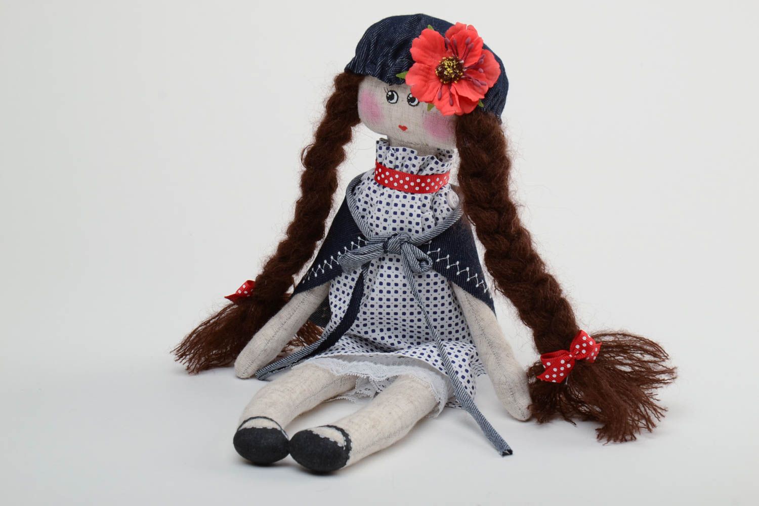Handmade interior fabric soft toy girl with two long braids in beret with flower photo 3