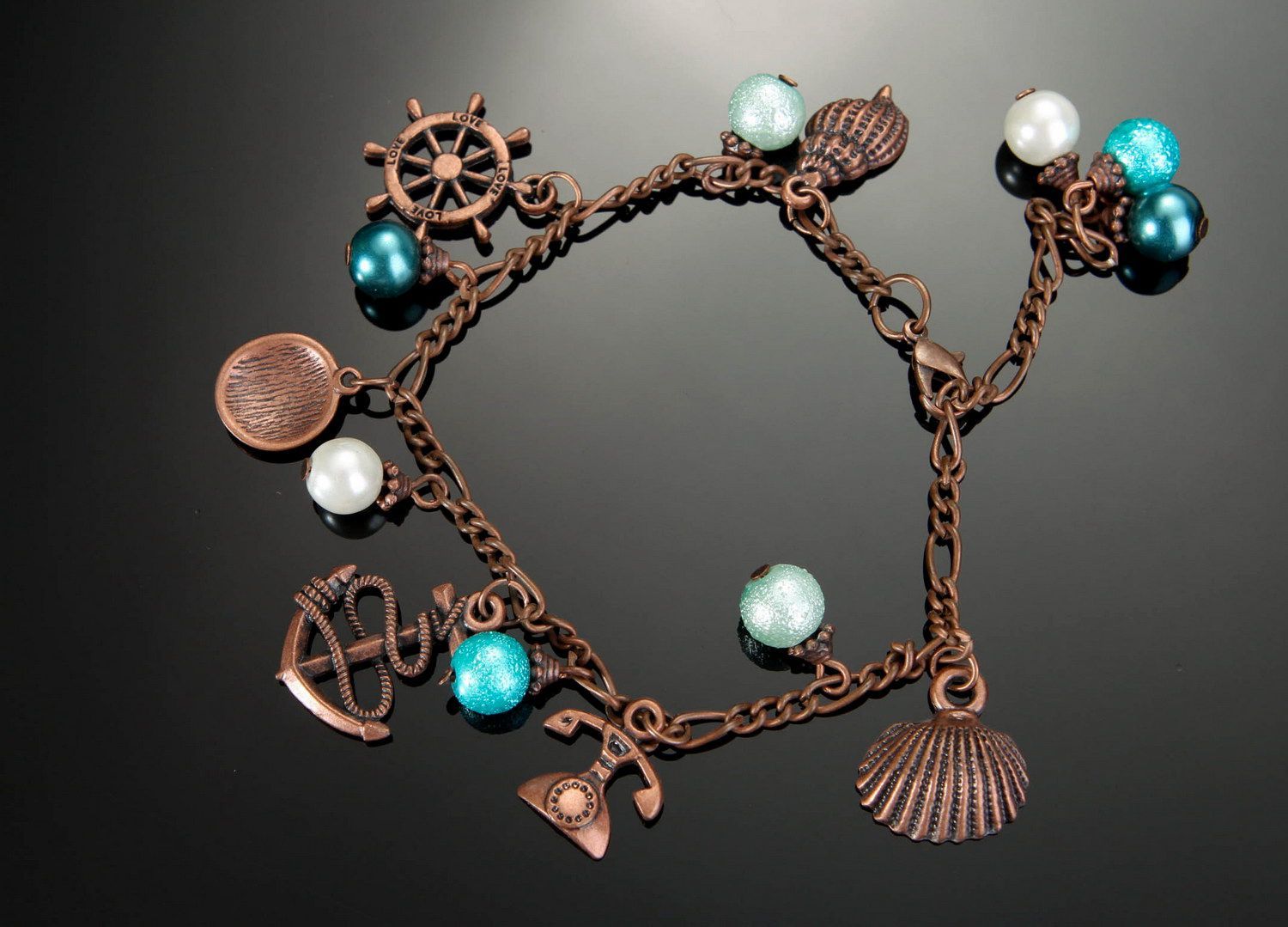 Bronze bracelet with ceramic pearls Sea photo 2