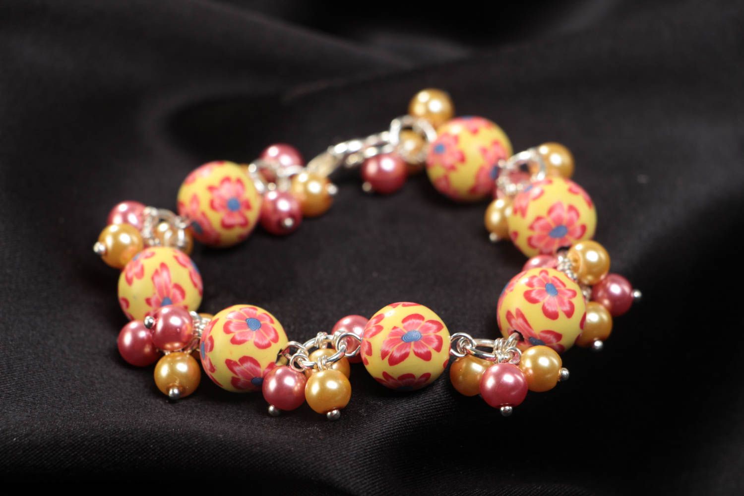 Handmade yellow children's polymer clay bracelet with charms and beads photo 1