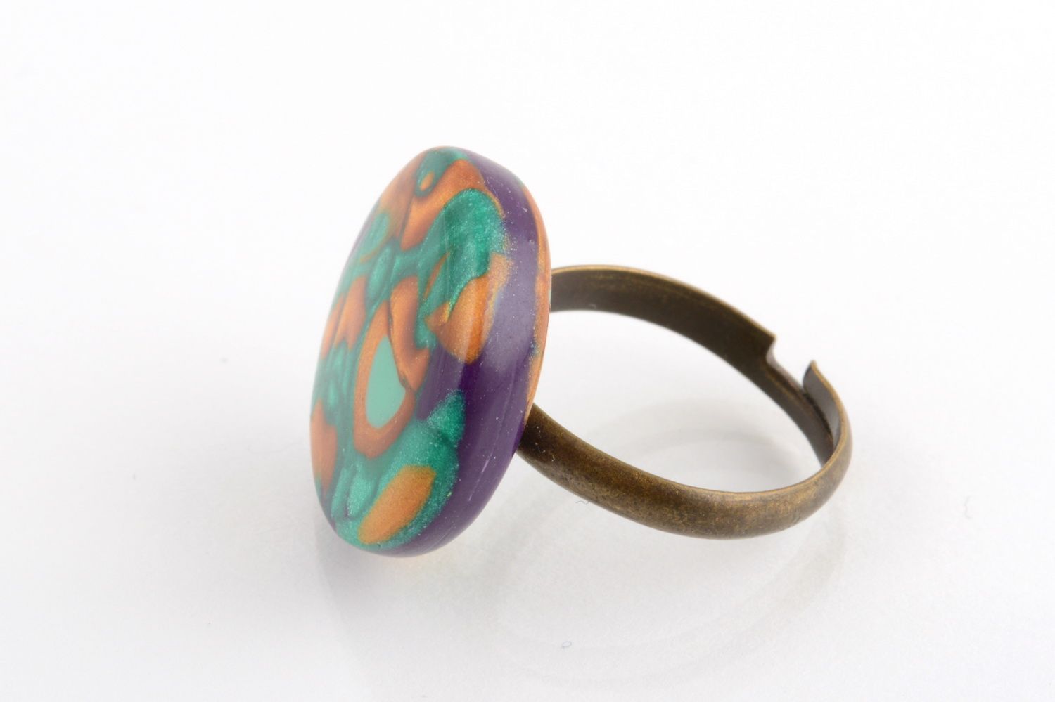 Handmade round colorful polymer clay jewelry ring on metal basis photo 3