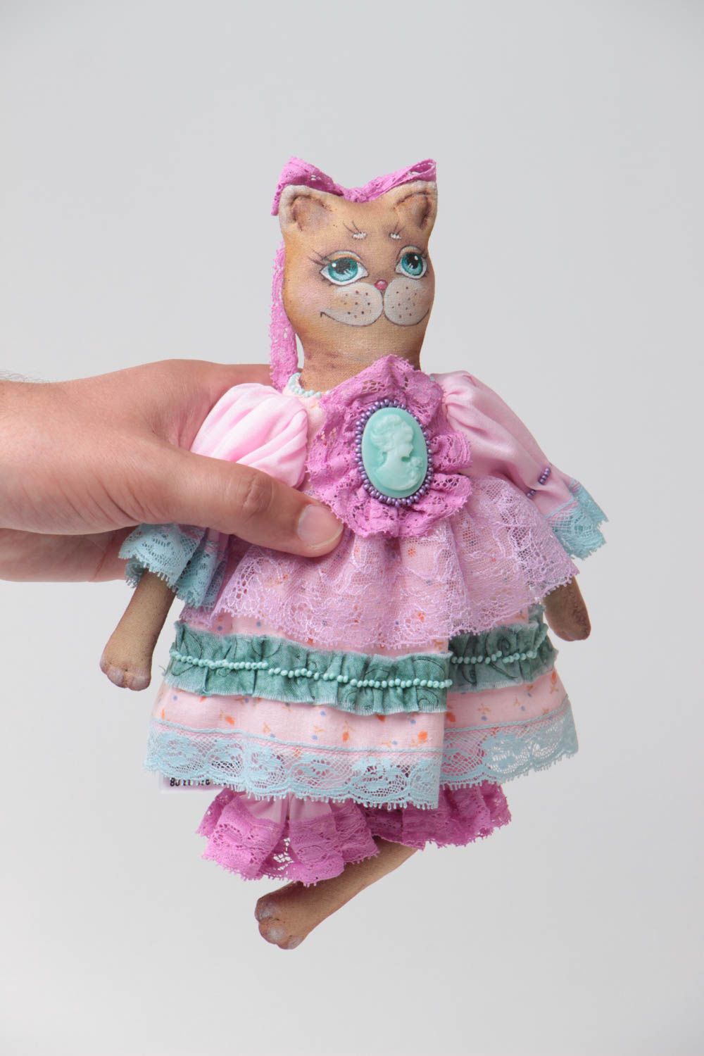 Handmade designer vintage fabric soft toy cat in festive pink dress with lace photo 5