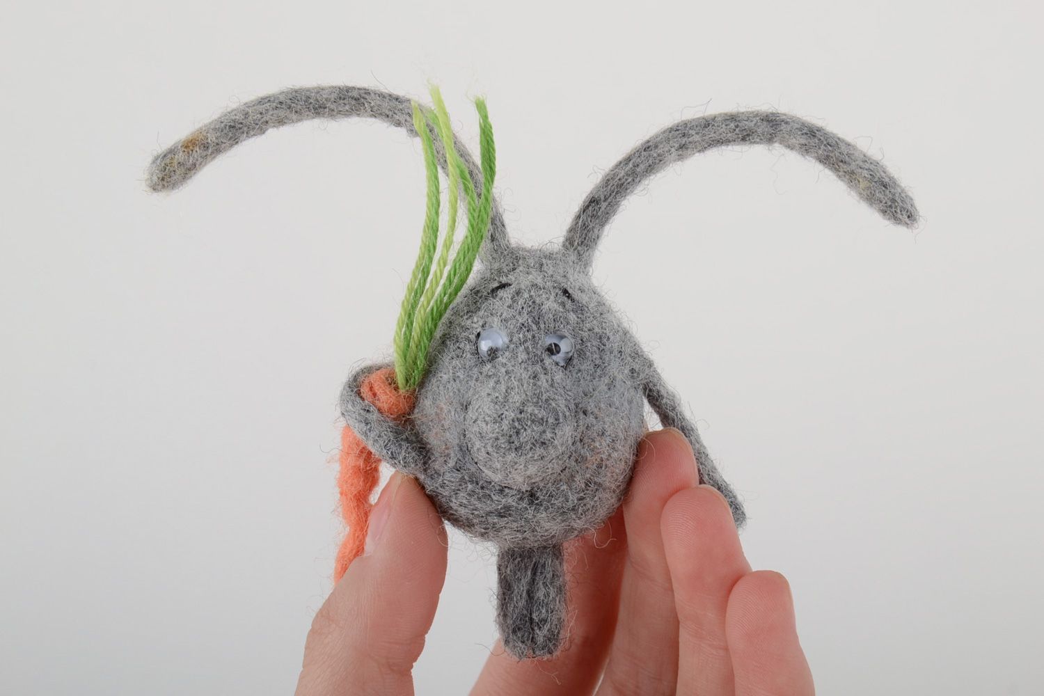Handmade funny decorative fridge magnet felted of wool gray rabbit with carrot photo 5