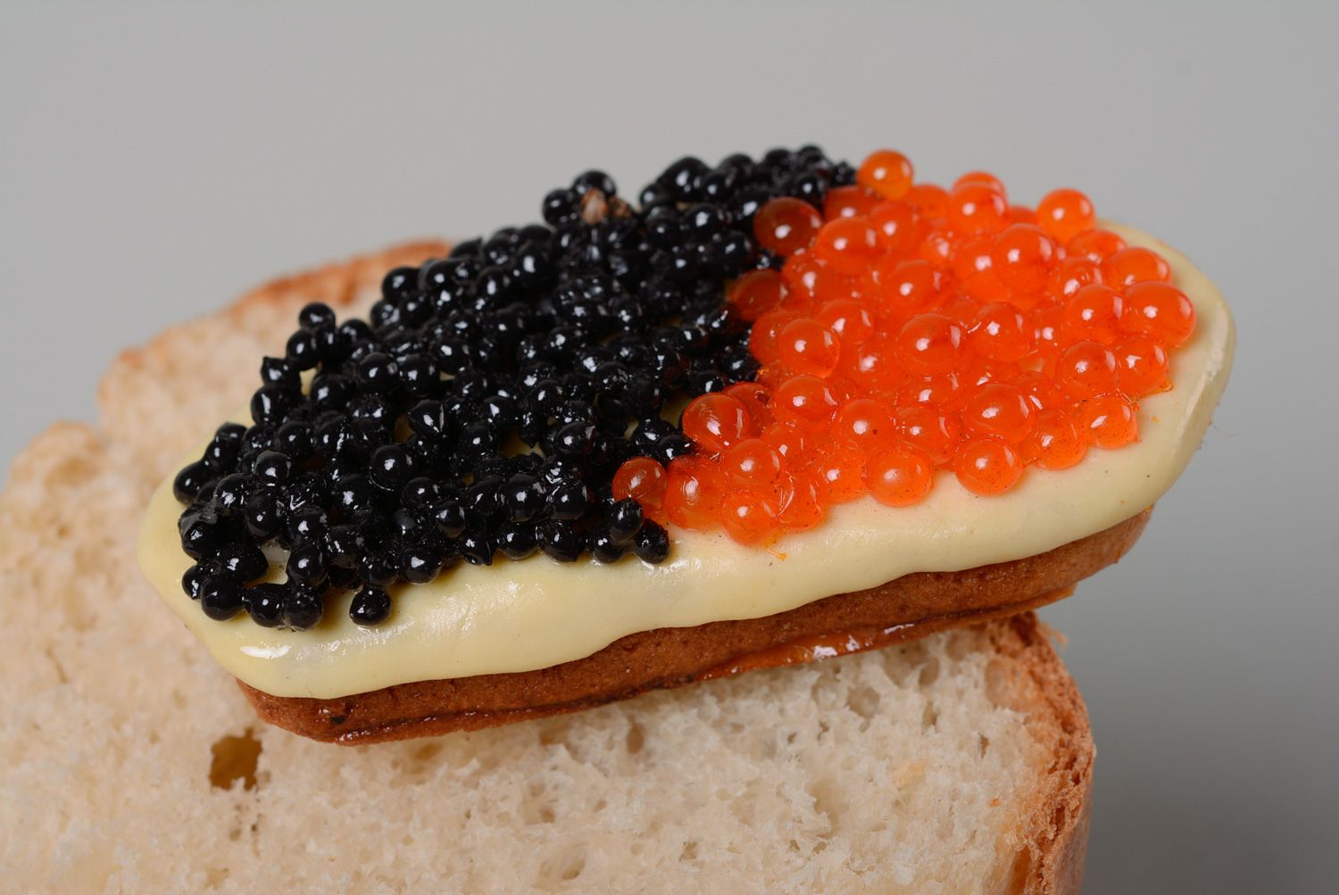 Handmade decorative polymer clay fridge magnet sandwich with black and red caviar photo 1