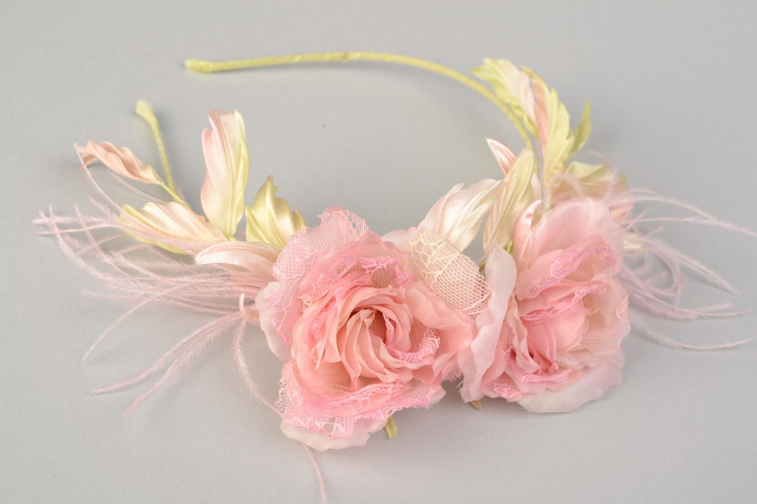 Handmade thin pink headband with volume flowers created of Japanese silk photo 3
