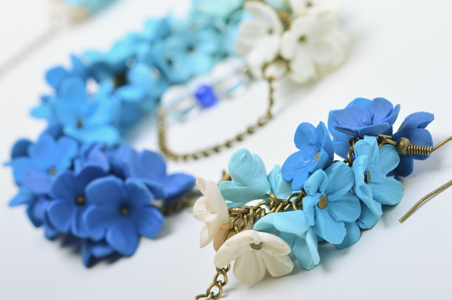 Set of handmade jewelry made of polymer clay bracelet and earrings with blue flowers photo 4