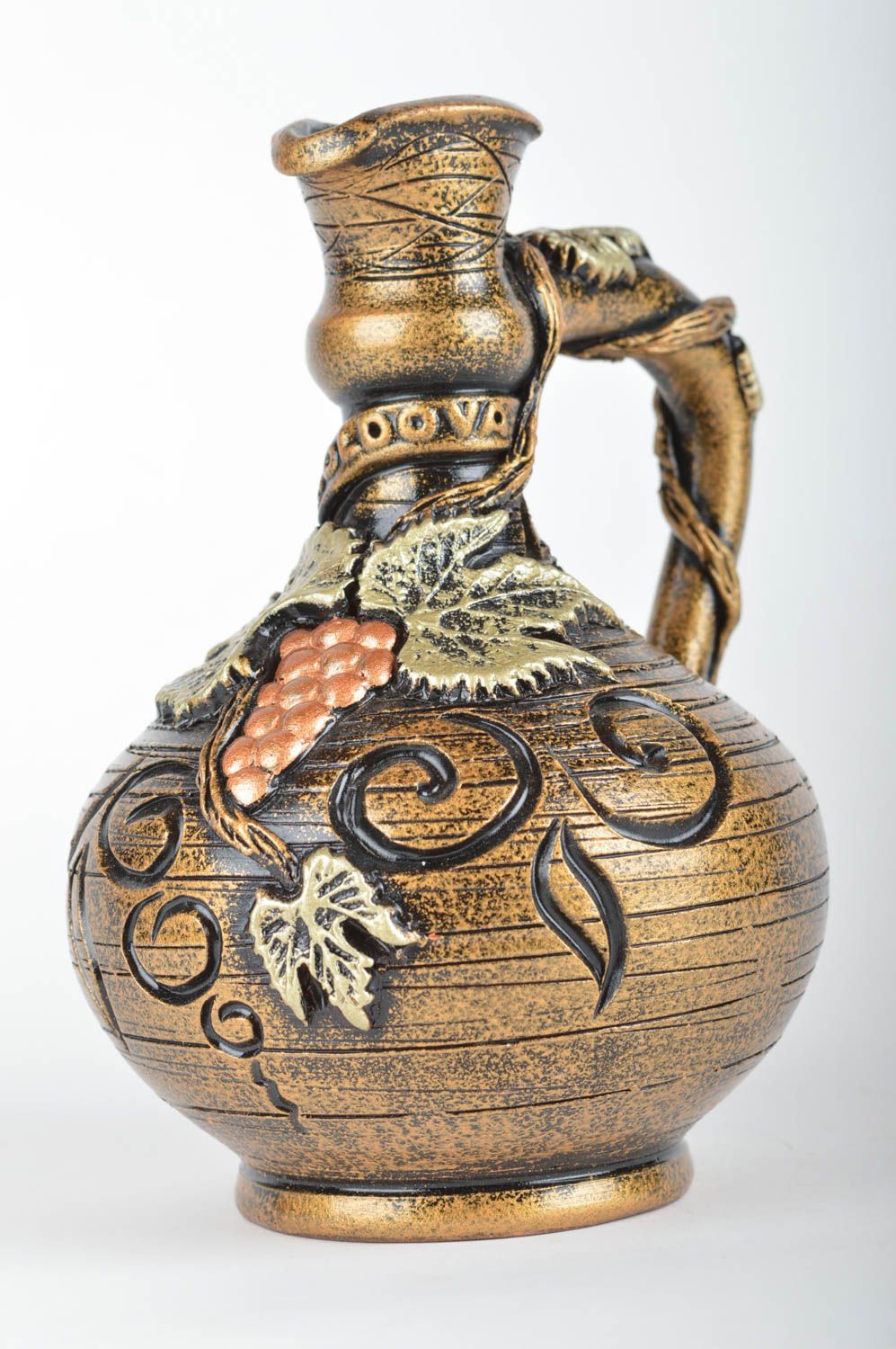 15 oz handmade ceramic wine decanter in gold color with handle and molded grapes 1,3 lb photo 2
