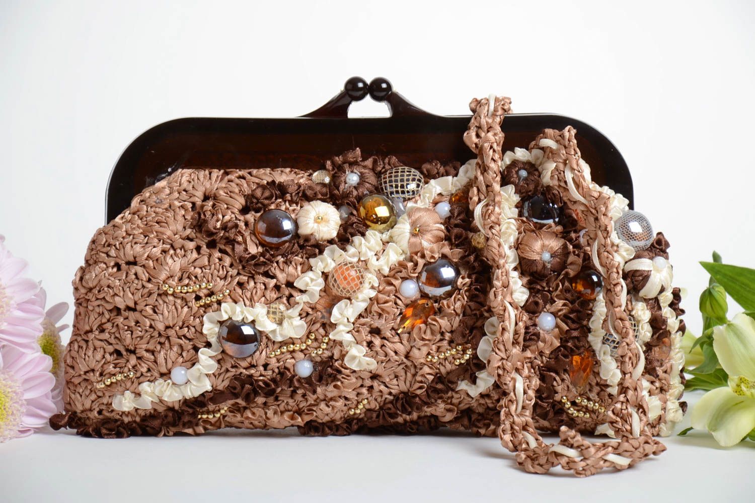 Handmade designer beige crocheted women's clutch bag with beads and bugles photo 1