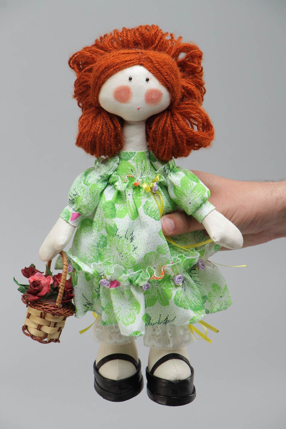 Handmade cute small soft toy in green dress with basket Girl with Ginger Hair photo 5