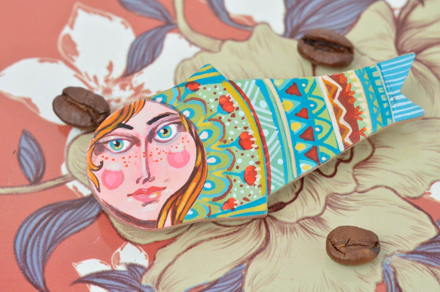 Handgemachter Schmuck Accessoire für Frauen Damen Brosche aus Holz Seejungfrau foto 1