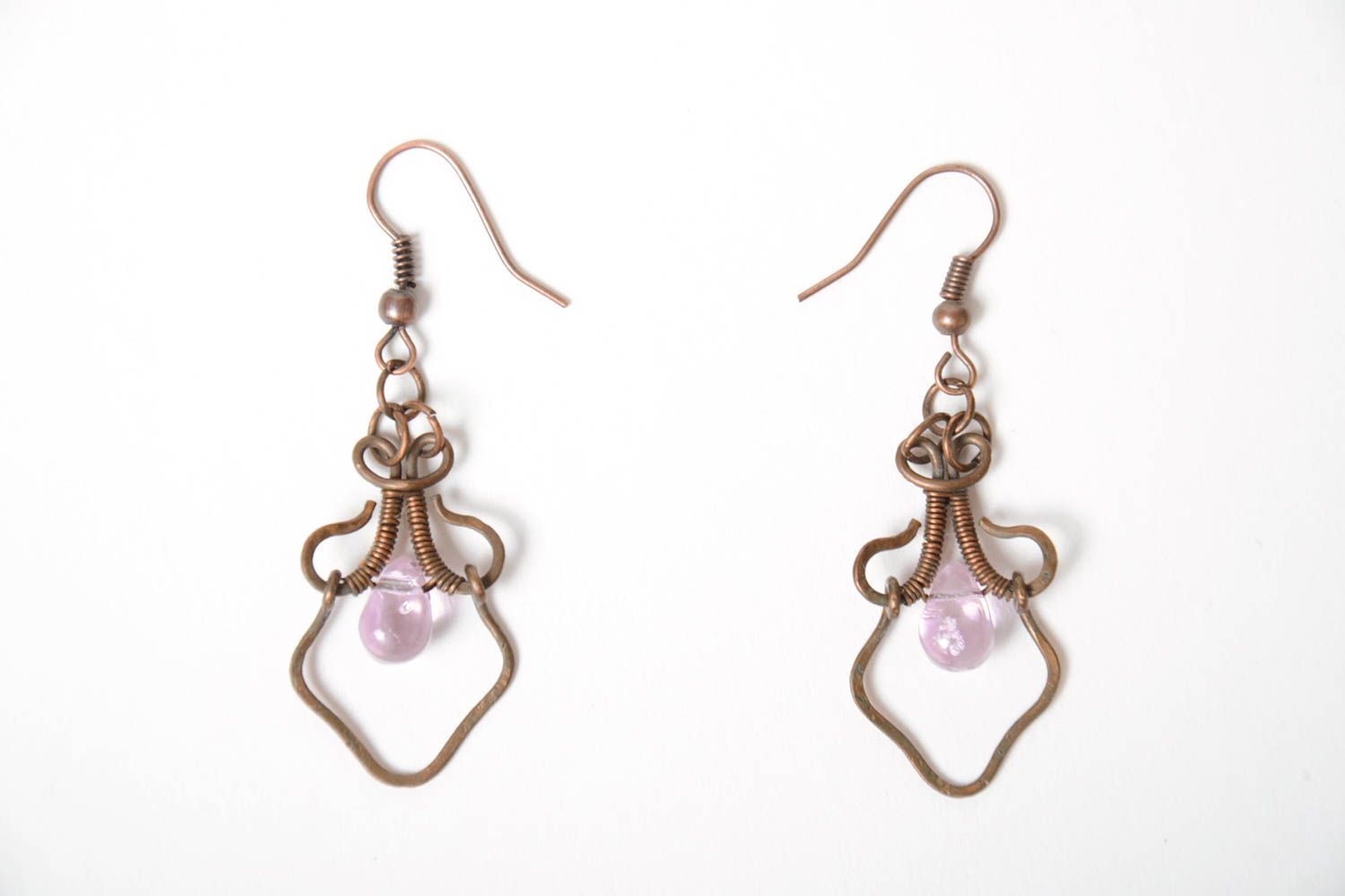 Beautiful unusual handmade long wire wrapped copper earrings with white crystal photo 5