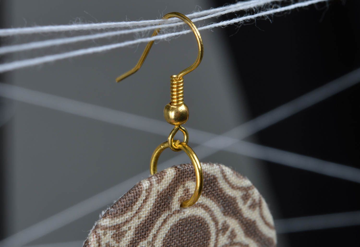 Handmade fabric dangling earrings with vintage ornament of coffee and milk colors photo 2