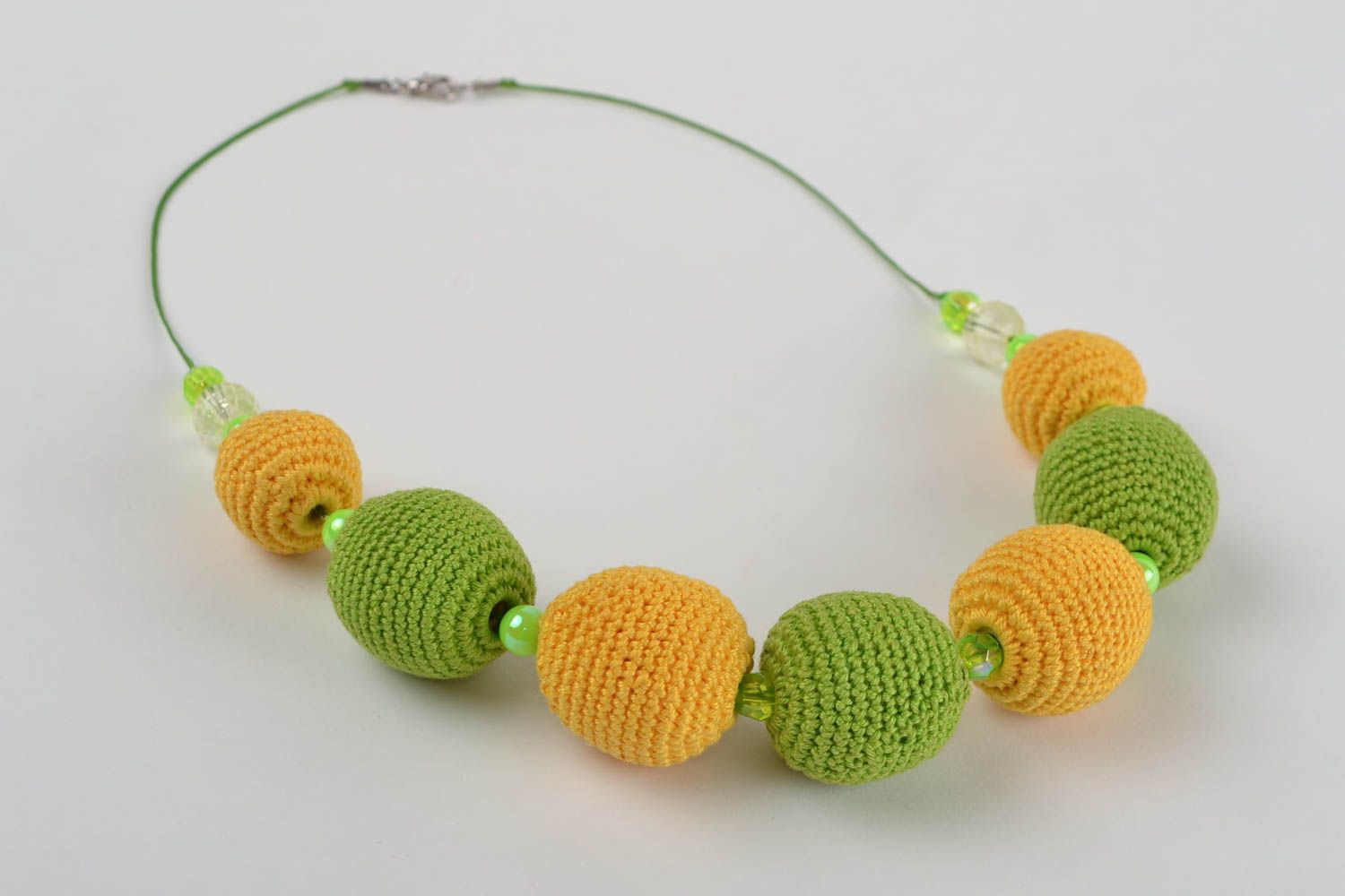 Woven cute handmade big yellow and light green unusual beautiful necklace photo 2