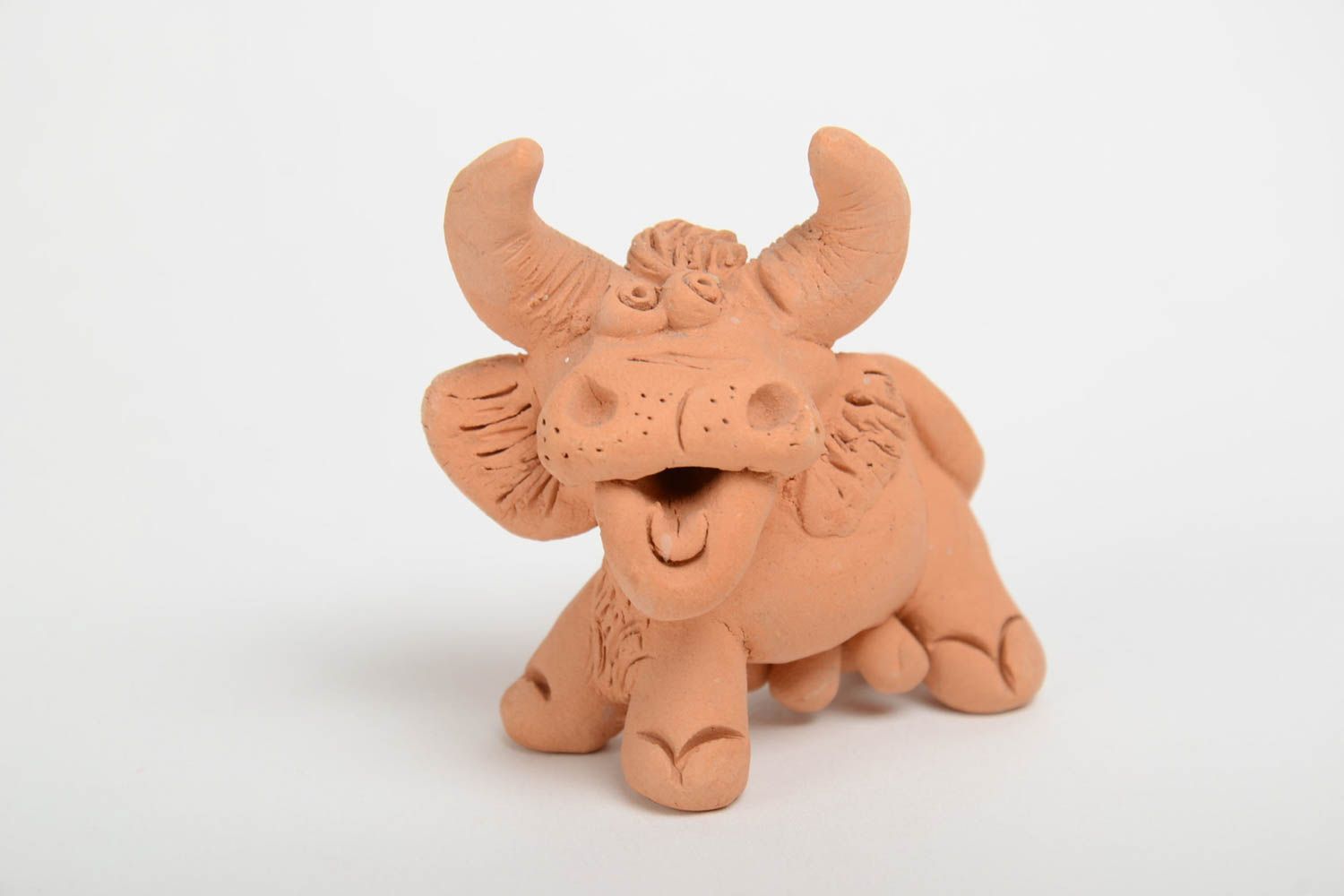 Small handmade collectible miniature ceramic animal figurine of bull  photo 2