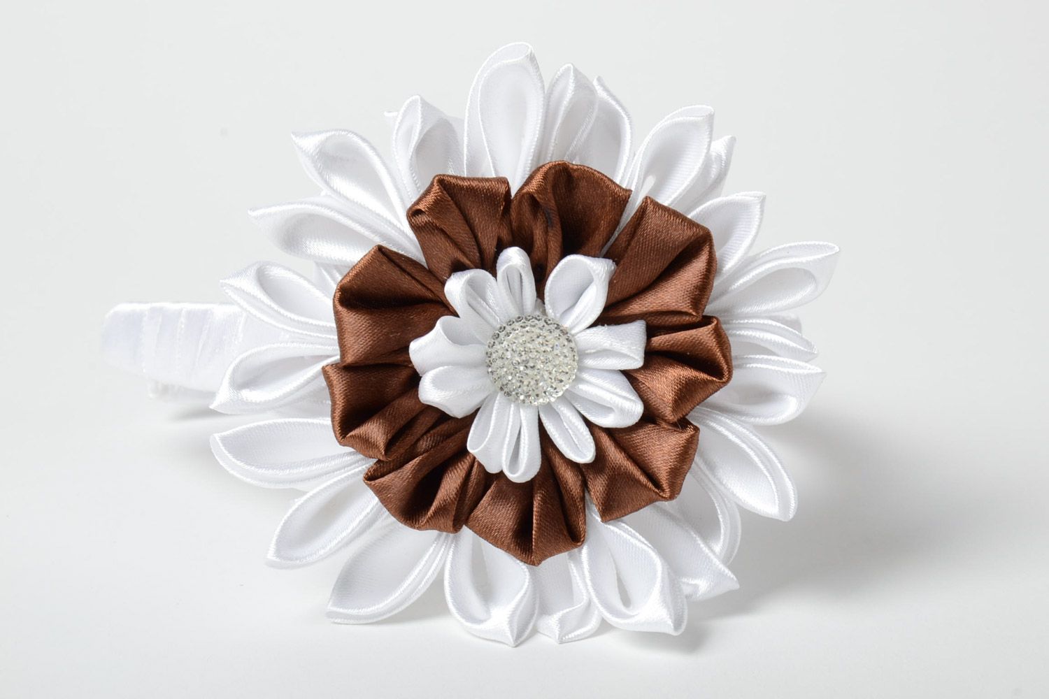 Handmade festive headband with volume satin ribbons kanzashi flower of white color photo 3