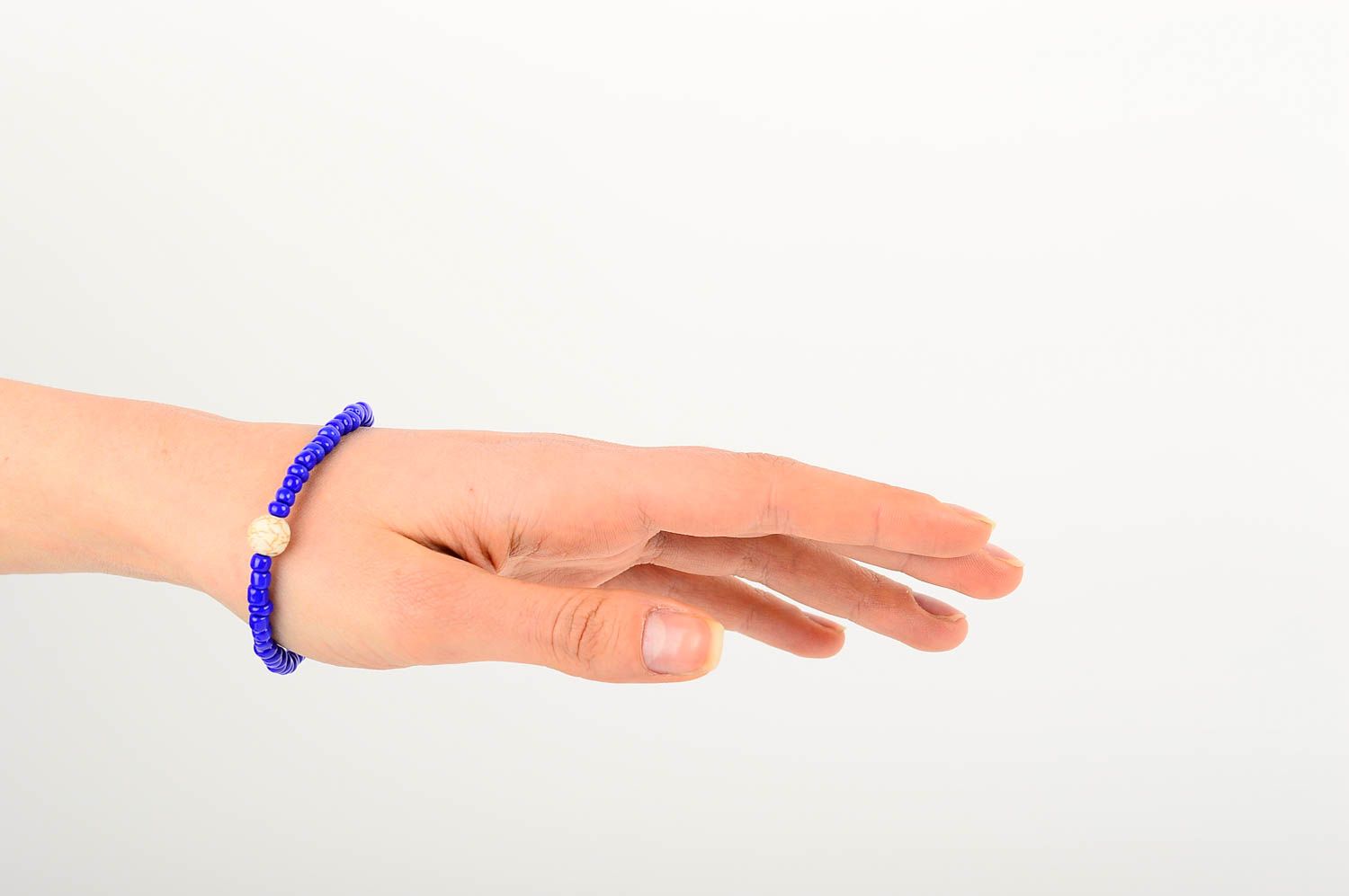 Dark blue beads handmade wrist adjustable bracelet with beige centerpiece large bead photo 2