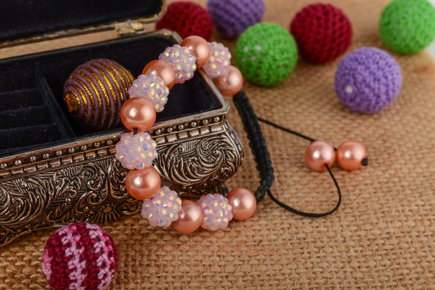 Handmade women's designer macrame woven wrist bracelet with ceramic pearls  photo 1