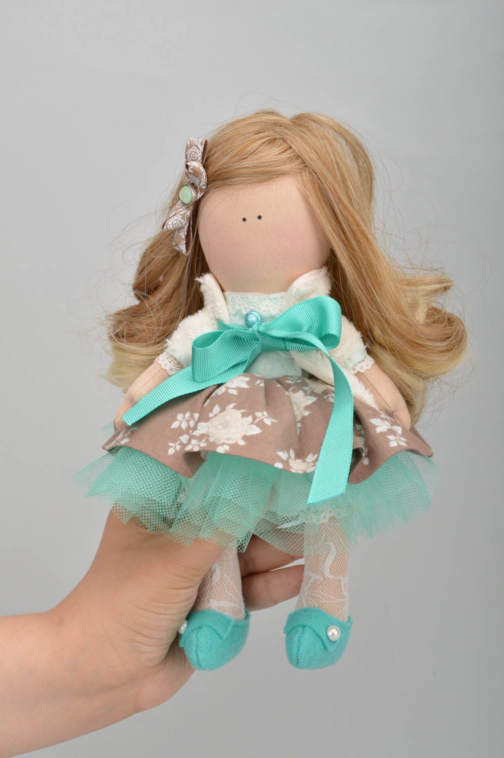 Handmade designer jersey fabric soft doll in beige and turquoise dress photo 2