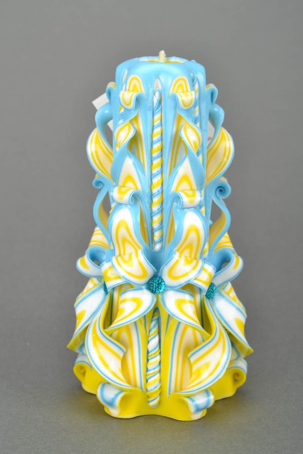 Large carved candle Blue and Yellow photo 3