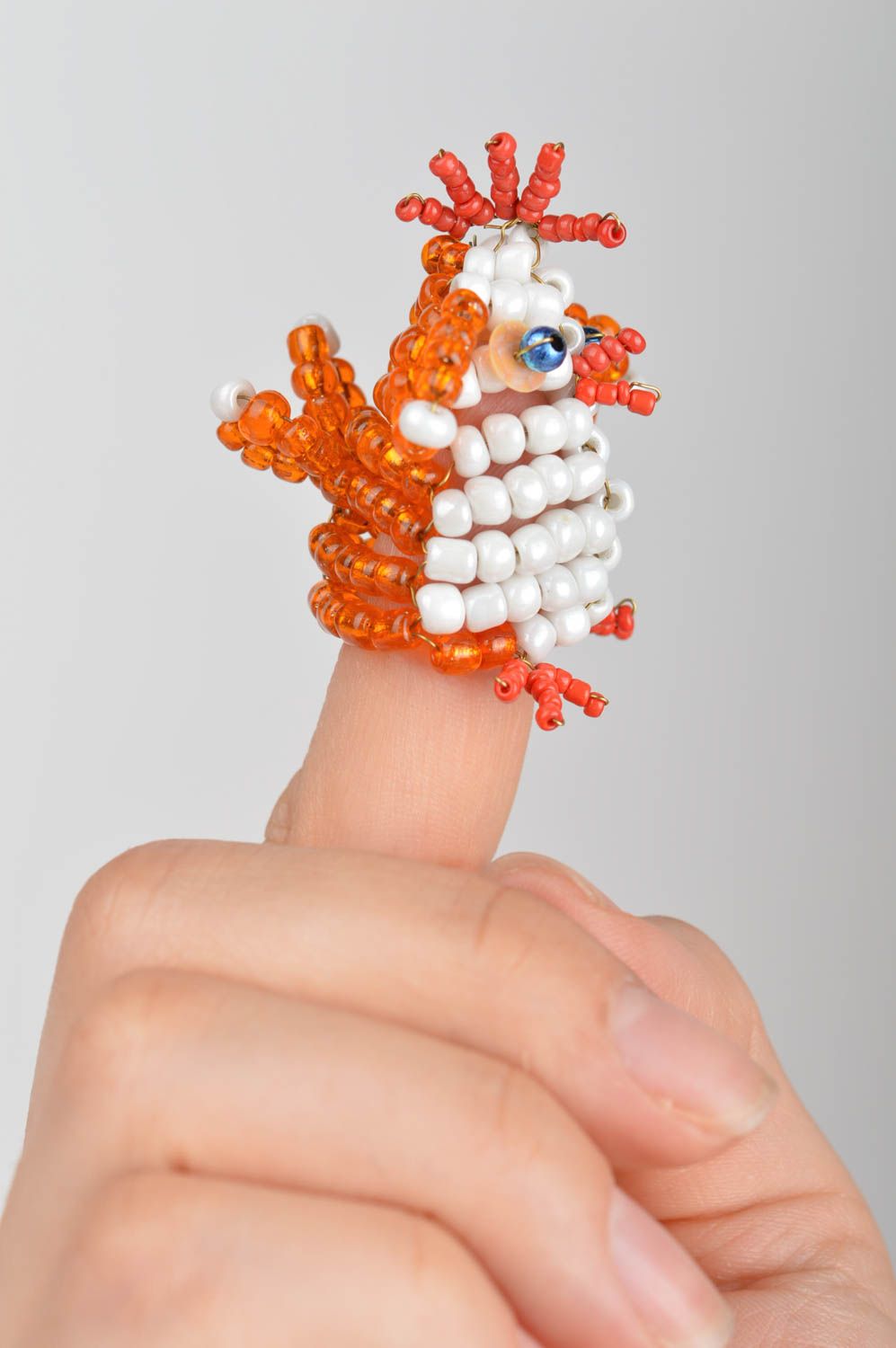 Handmade small designer bead woven animal finger puppet orange cockerel for kids photo 1