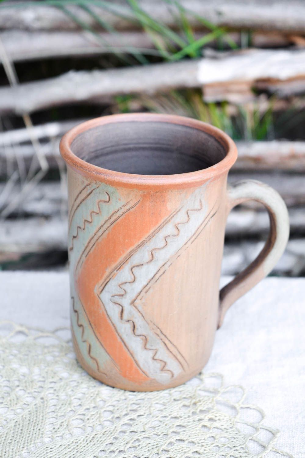 XL 12 oz clay tall teacup in olive, brown color and handle photo 1