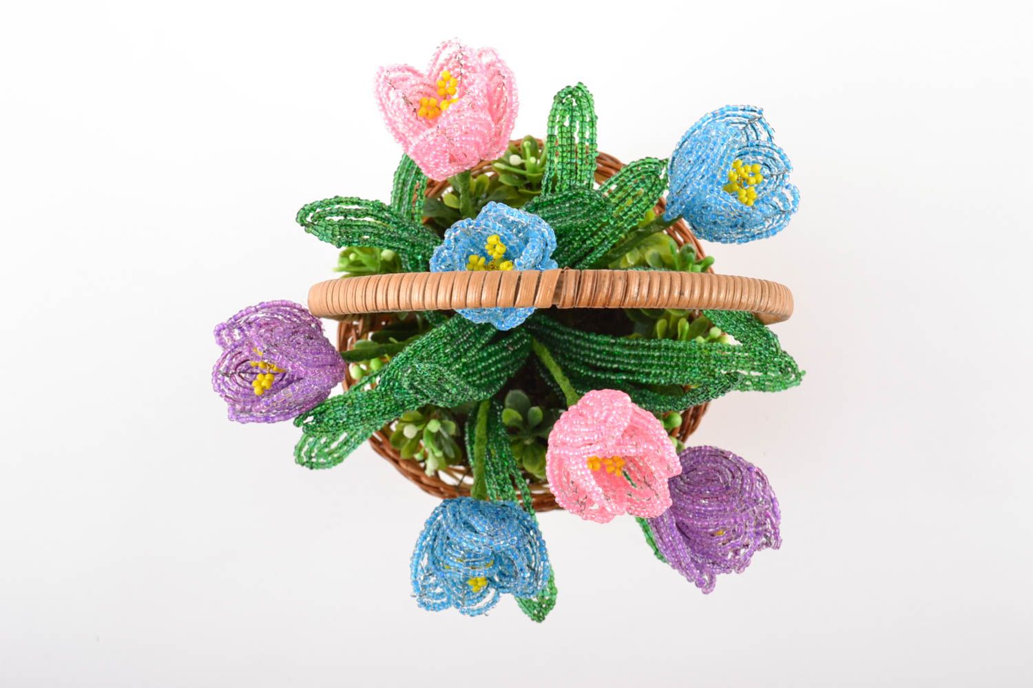 Handmade decorative basket with artificial beaded tender colorful crocus flowers photo 5