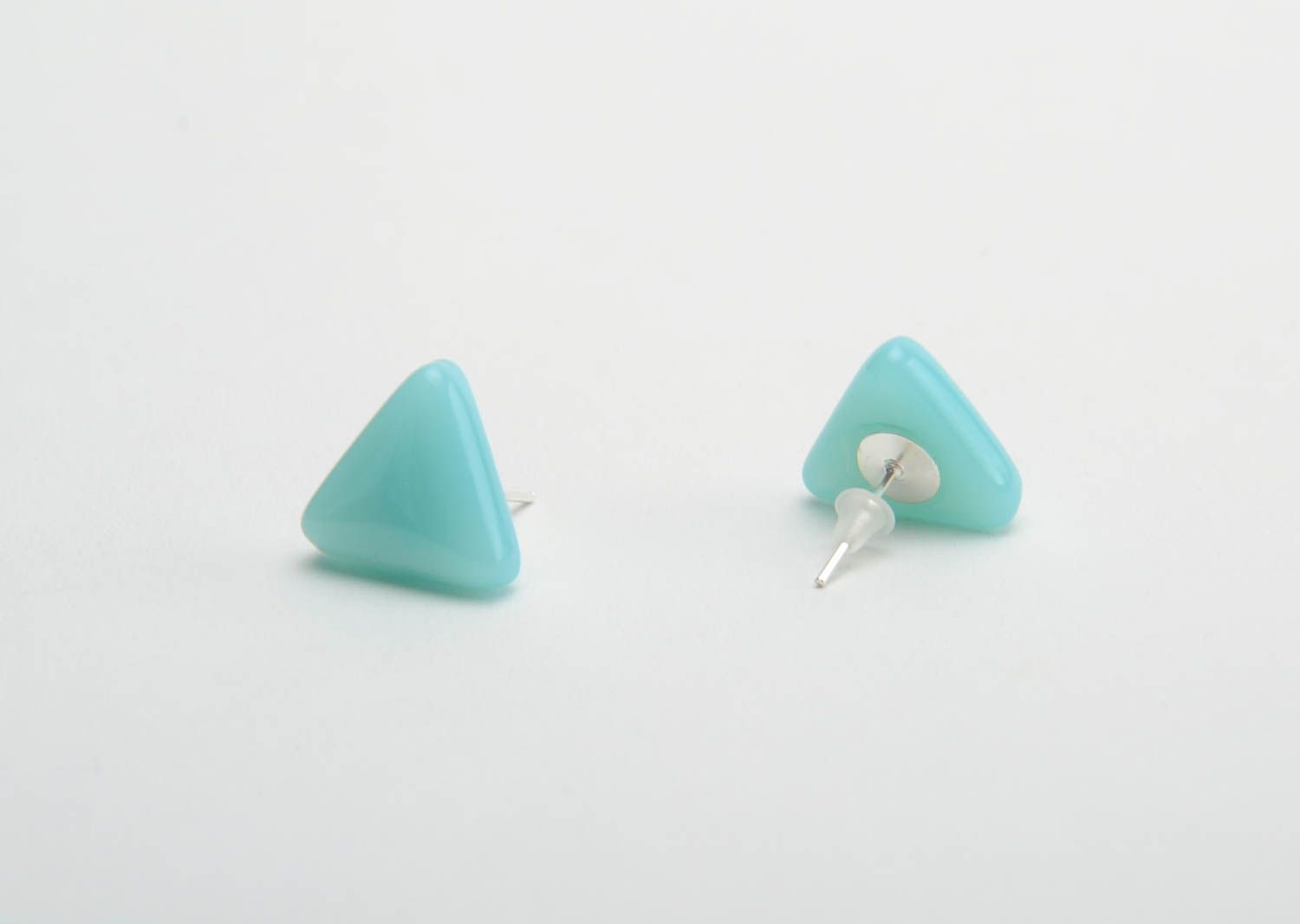 Turquoise color earrings small fusing glass triangular studs handmade accessory photo 3