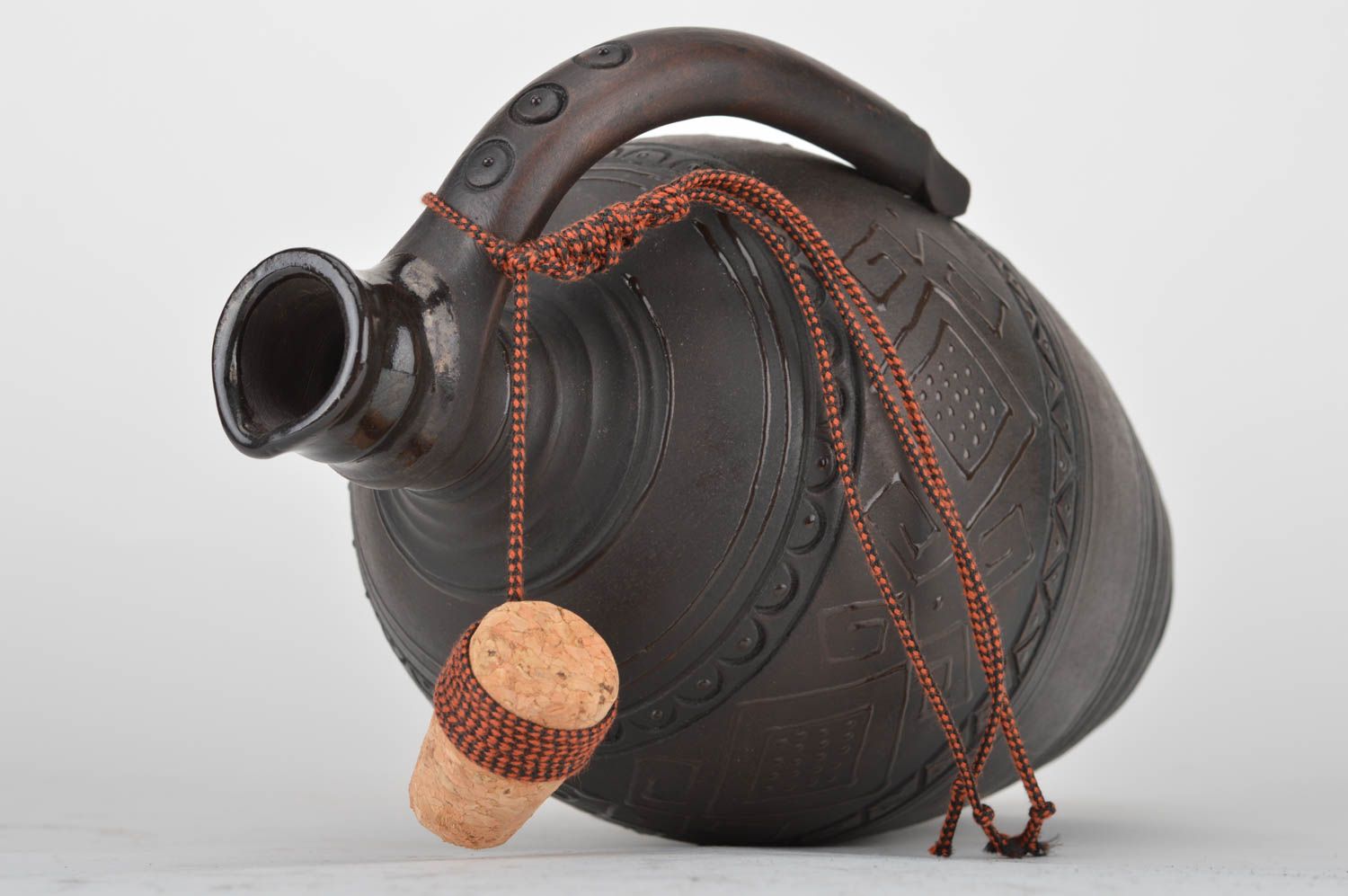 Botella cerámica con ornamento y corcho decorativa artesanal marrón oscura 2l foto 5