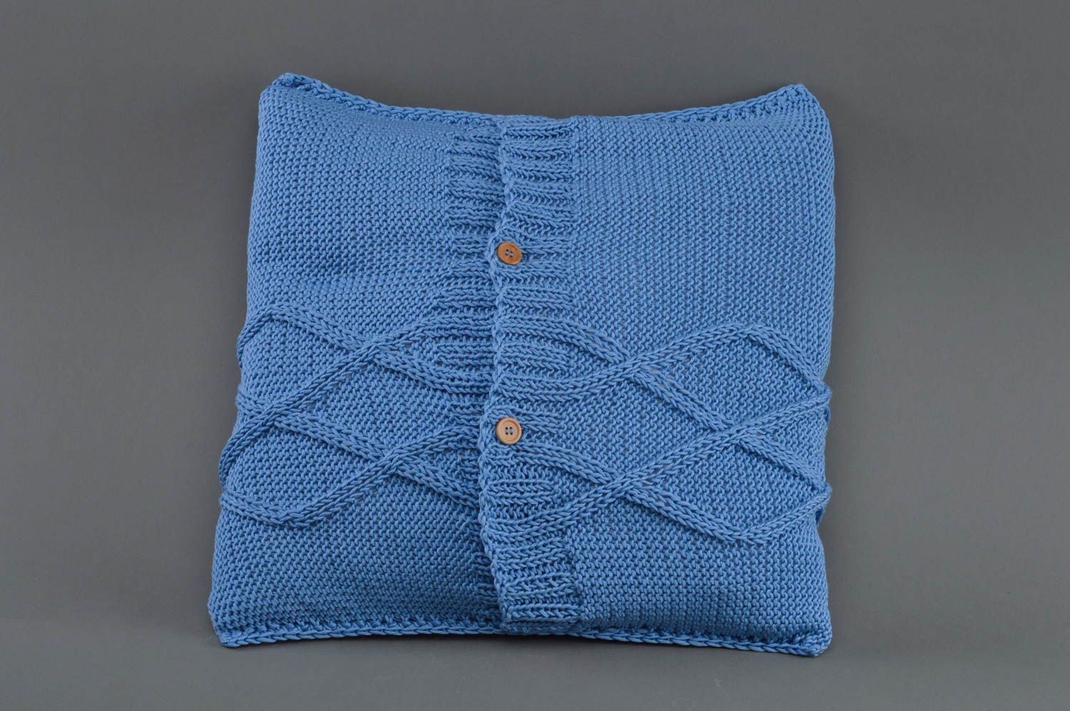 Handmade decorative accent pillow knitted of blue cotton threads with buttons photo 2