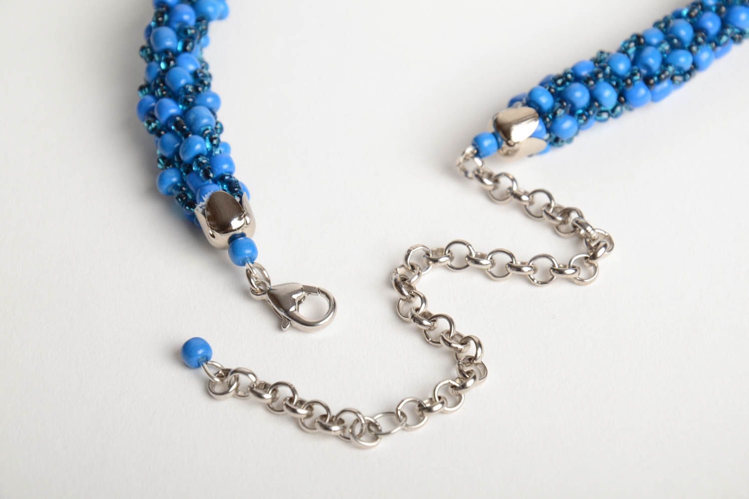 Handmade thin long blue necklace crocheted of beads of laconic design for women photo 4