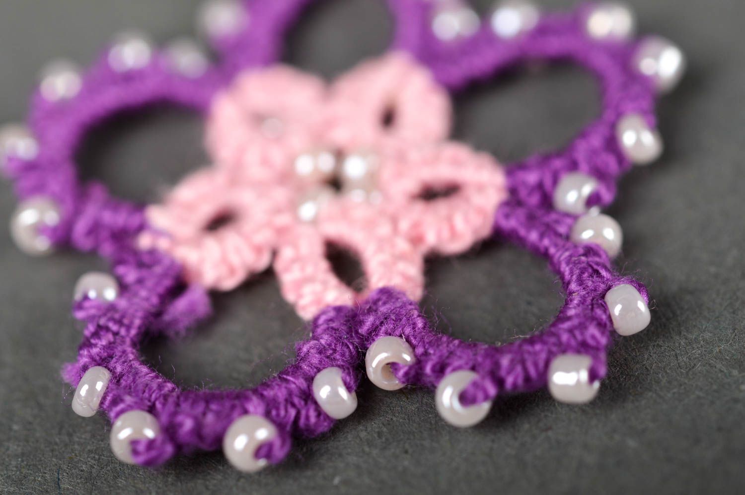 Boucles d'oreilles fait main Bijoux frivolité ajouré fleur violet Cadeau femme photo 4