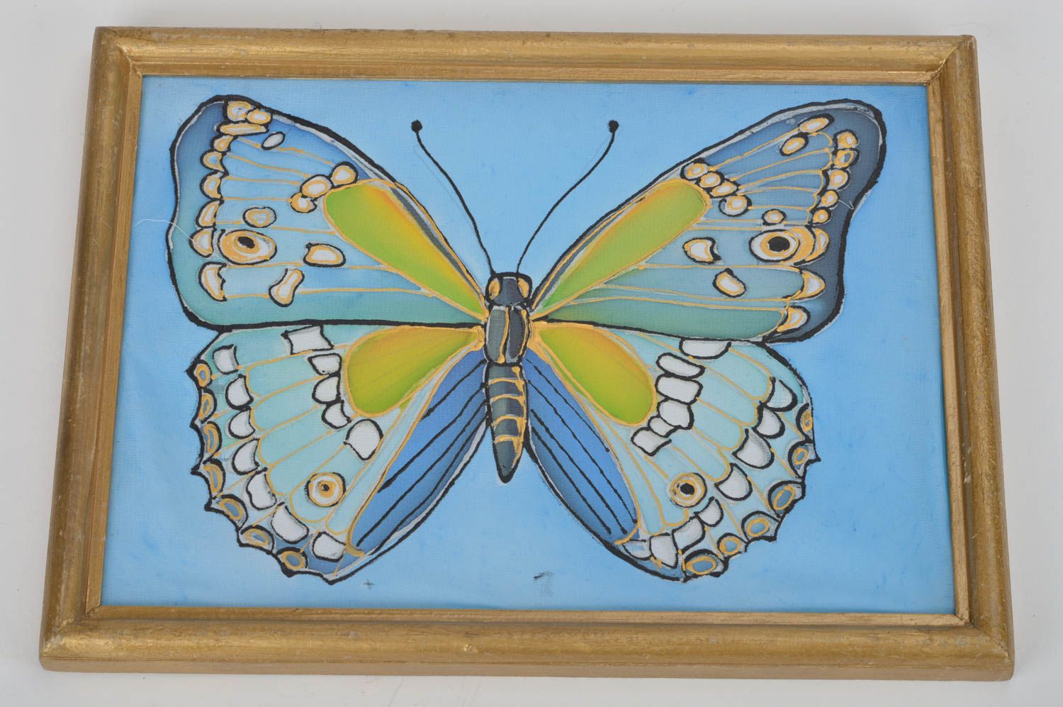Tableau en batik à froid sur tissu fait main décoratif de créateur Papillon bleu photo 1