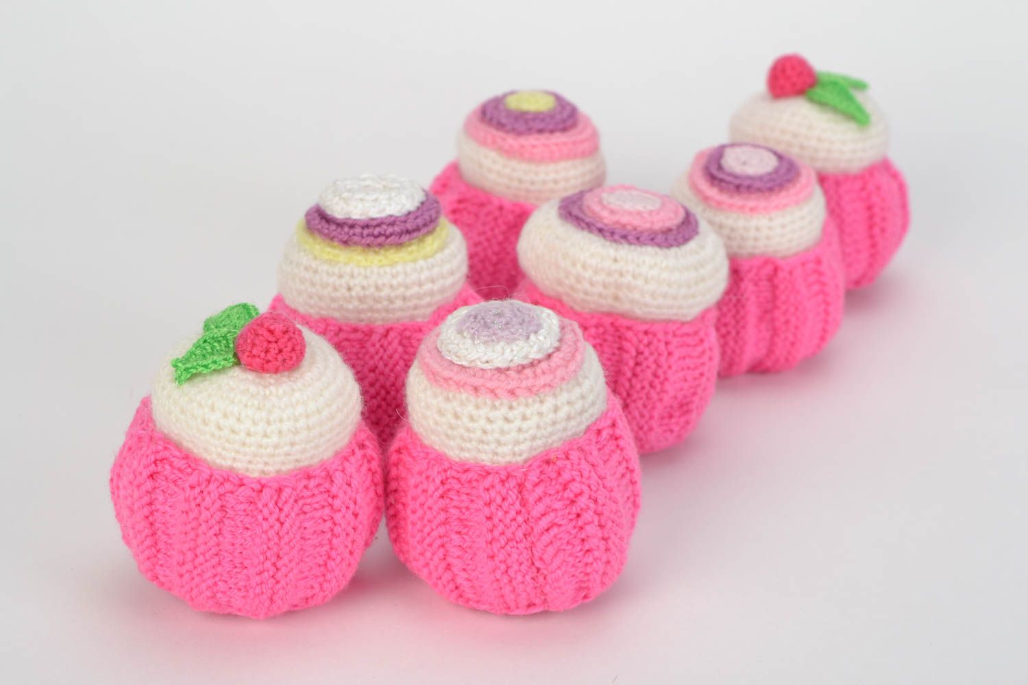 Set of 7 handmade soft interior crochet toys in the shape of small pink cakes photo 3