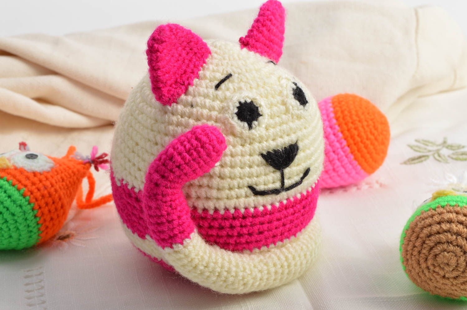 Handmade cute crocheted pink and white funny round toy in shape of cat photo 1