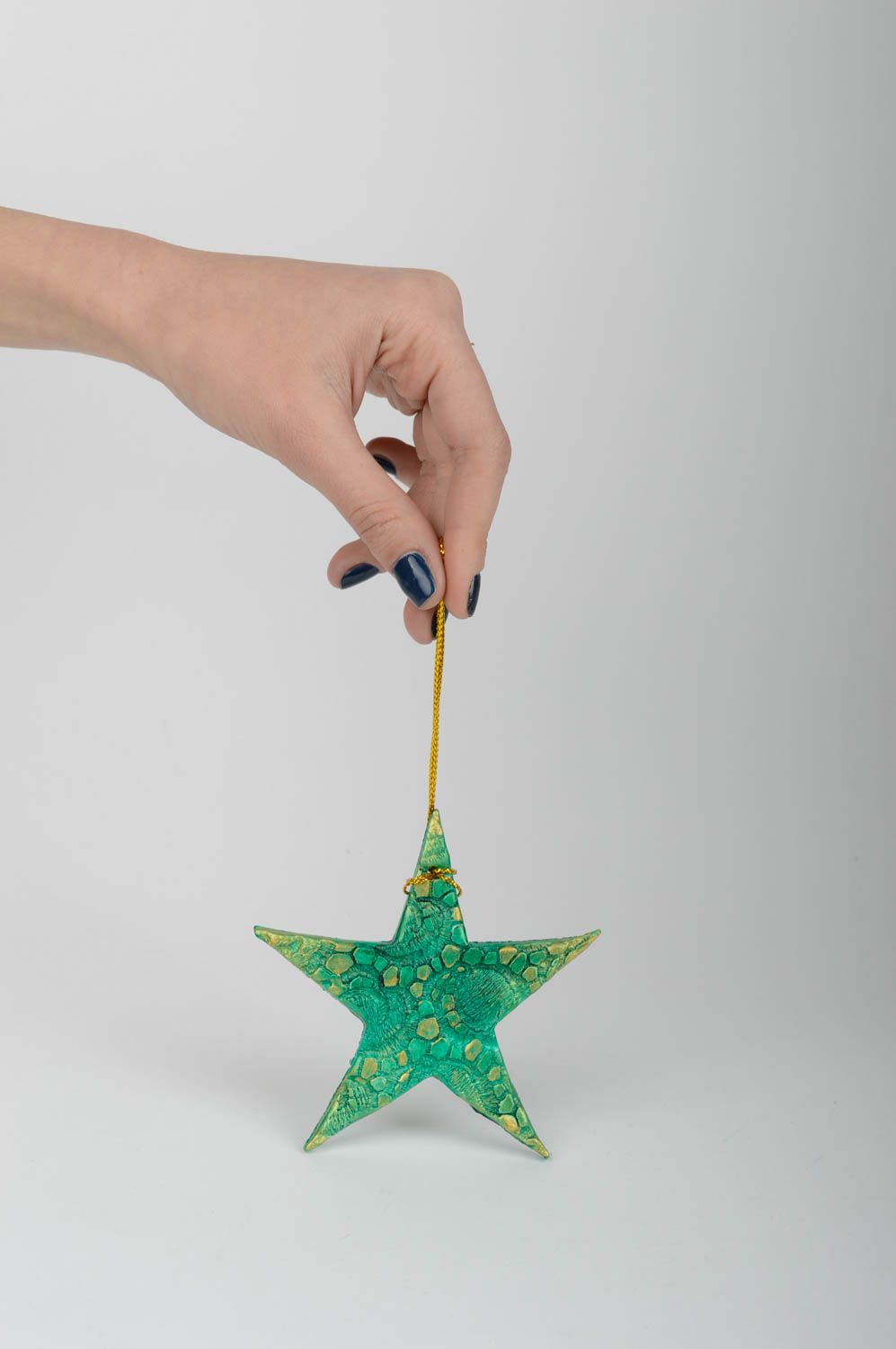 Игрушка на елку хэнд мэйд декор для дома игрушка из глины Зеленая звезда фото 2