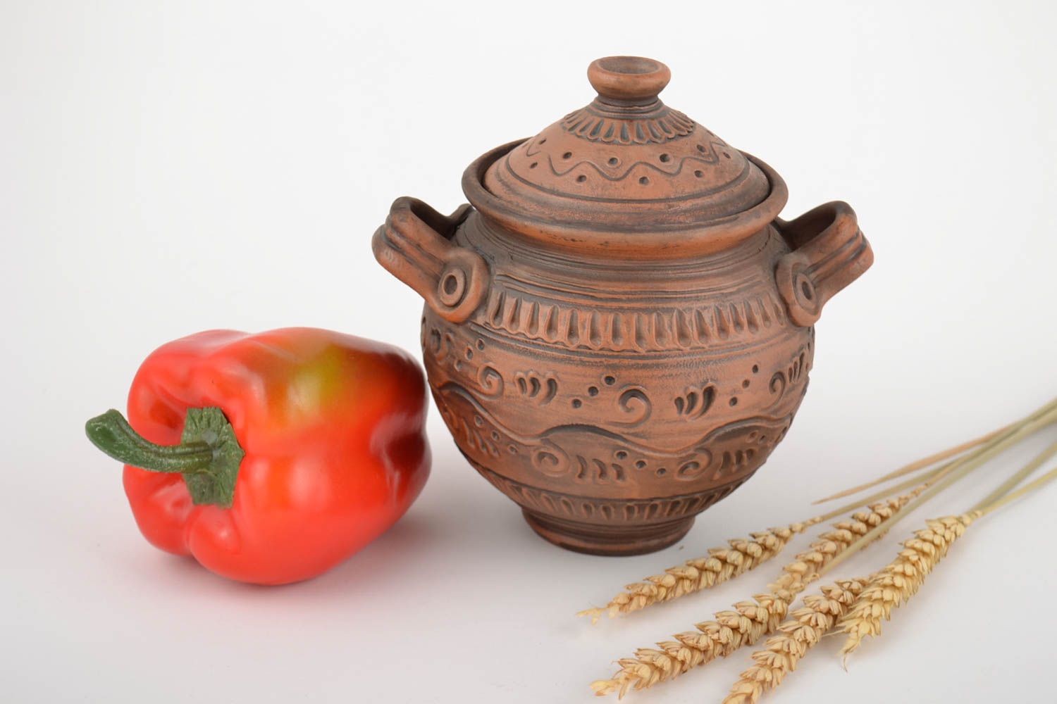 Small handmade designer ceramic pot for roasting molded of gray clay 300 ml photo 1