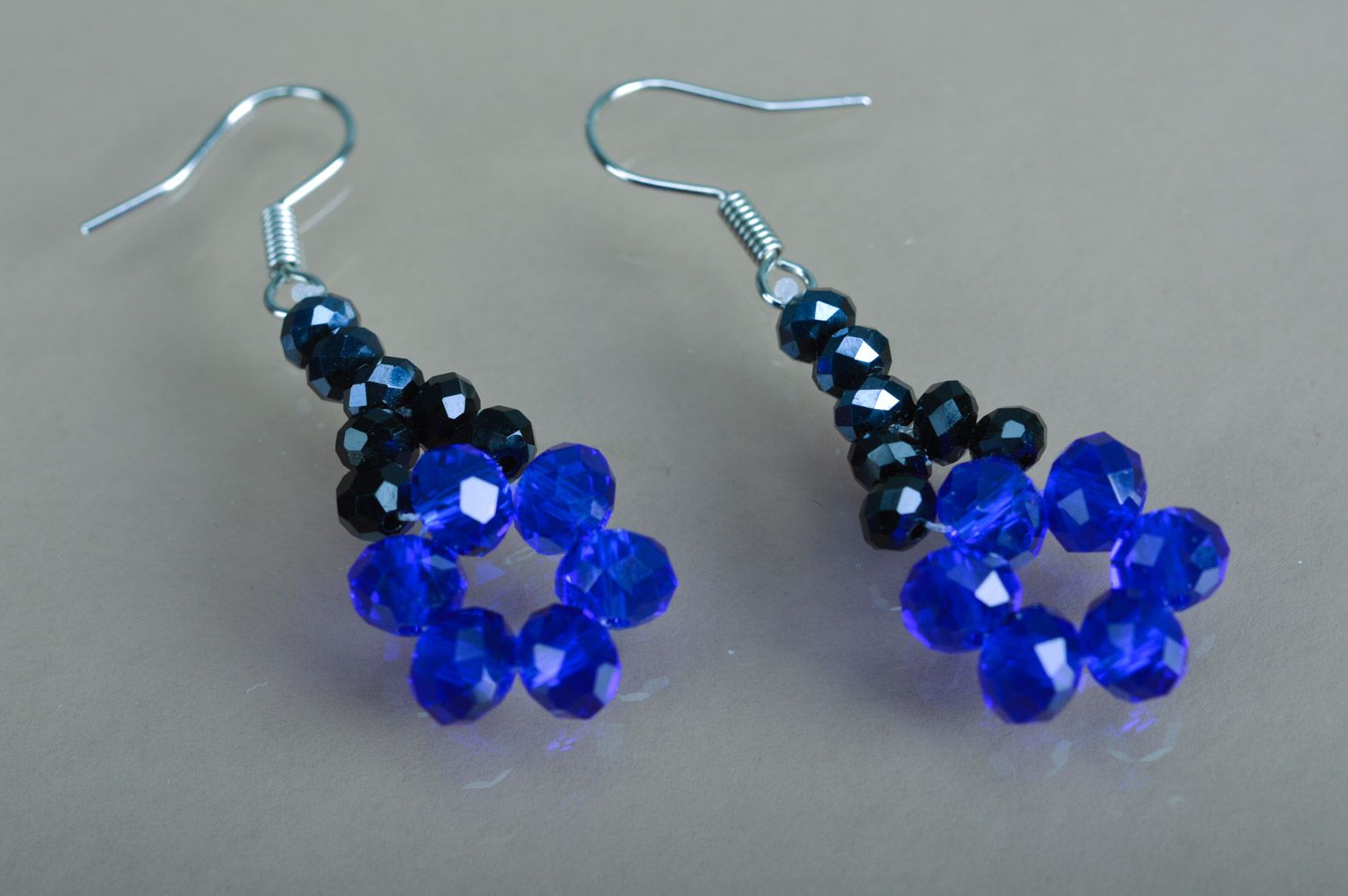 Beautiful evening handmade long beaded earrings of black and blue colors for women photo 2