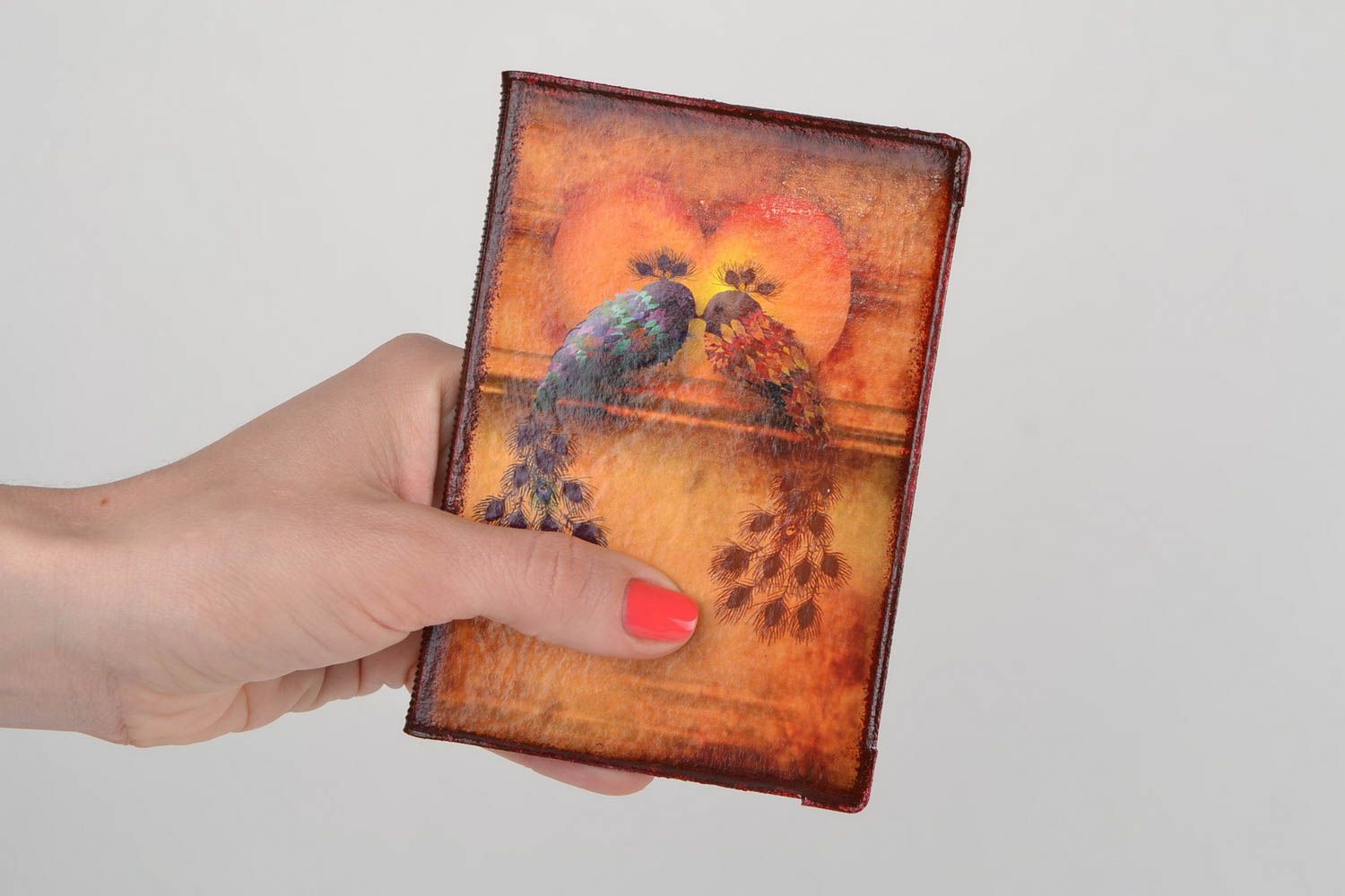 Handmade bright faux leather passport cover with decoupage two peacocks in love photo 2