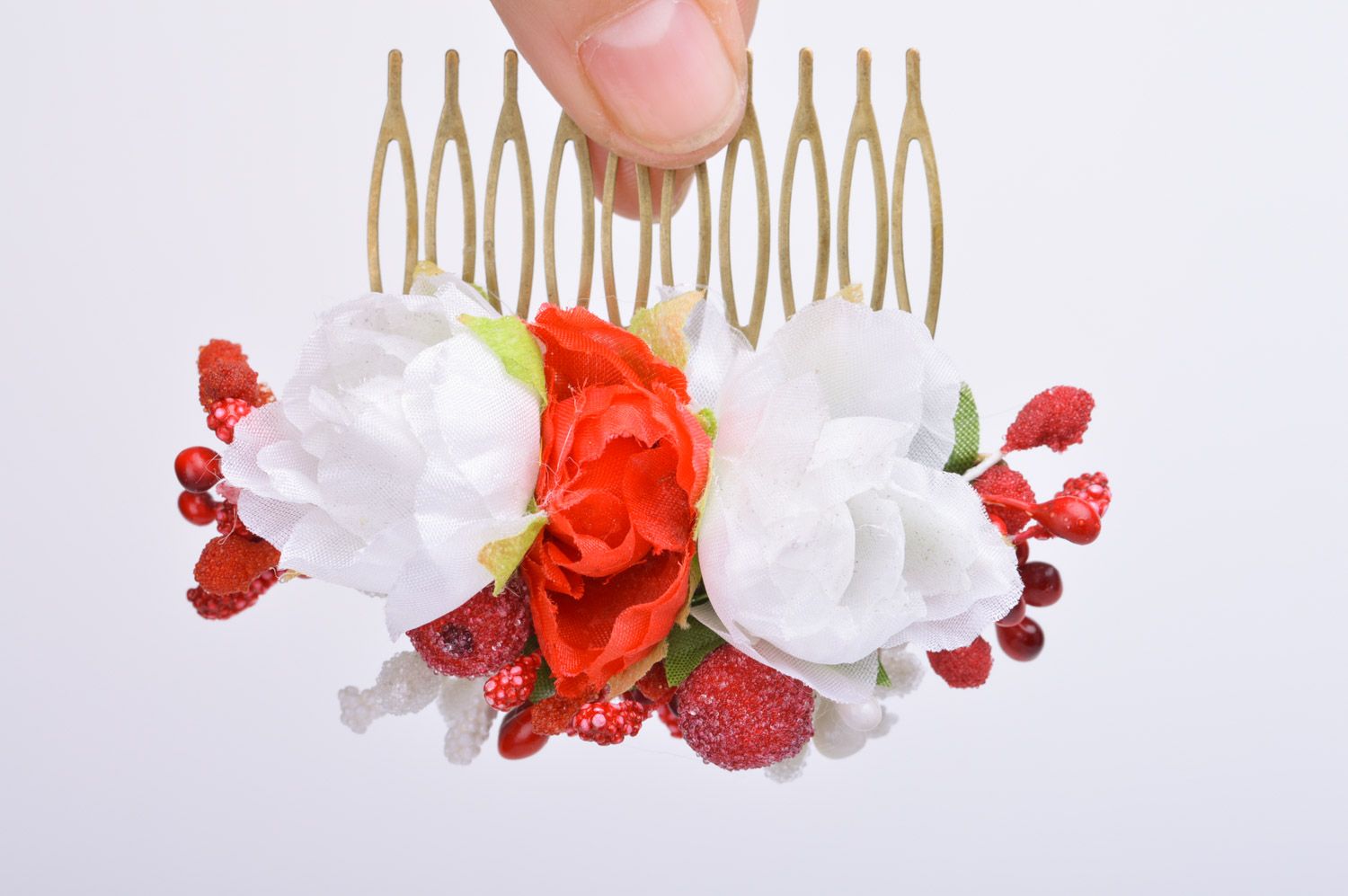 Handmade beautiful metal hair comb with red and white flowers and berries photo 3