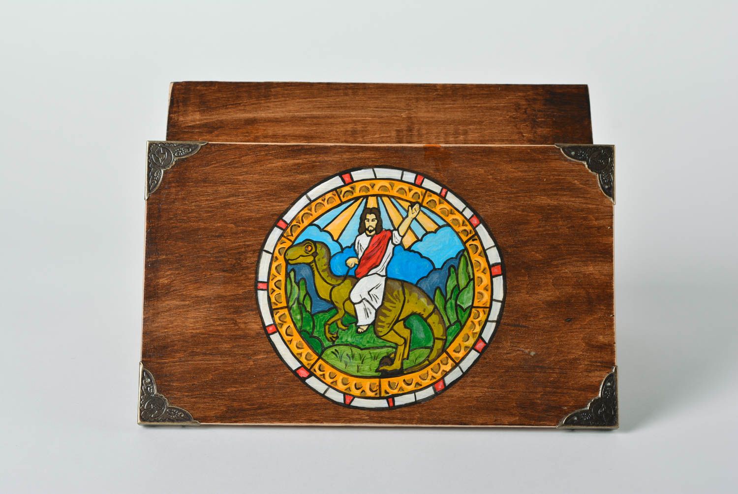 Braune handgemachte Holz Schatulle mit Bemalung samt Acrylfarben für Schmuck foto 4