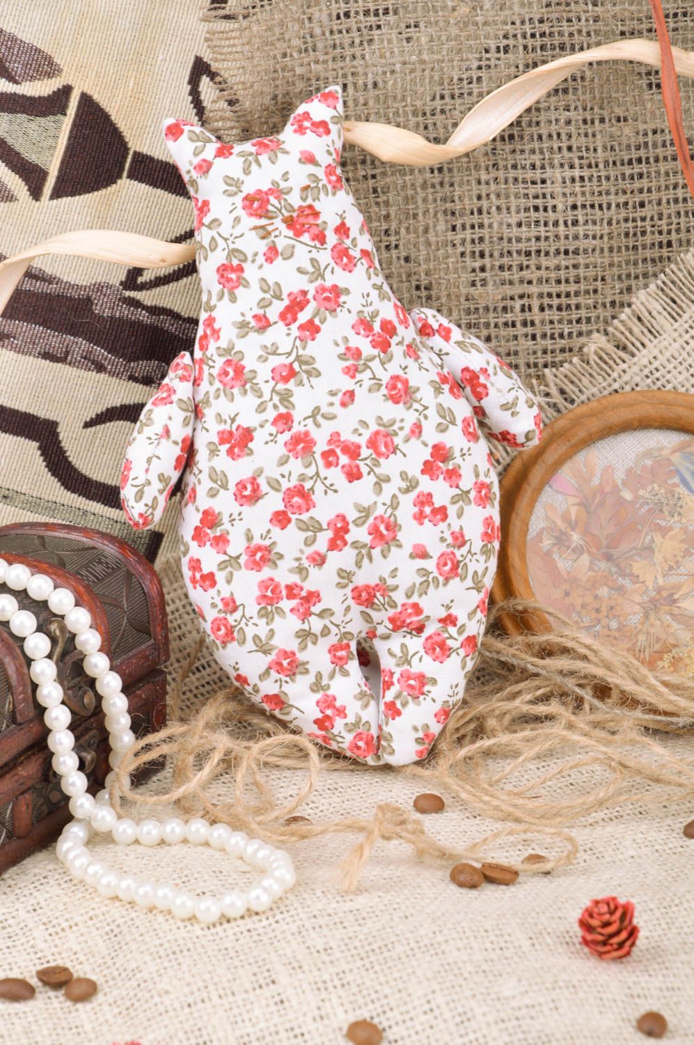 Peluche en coton à motif floral chat faite main originale décorative petite photo 1