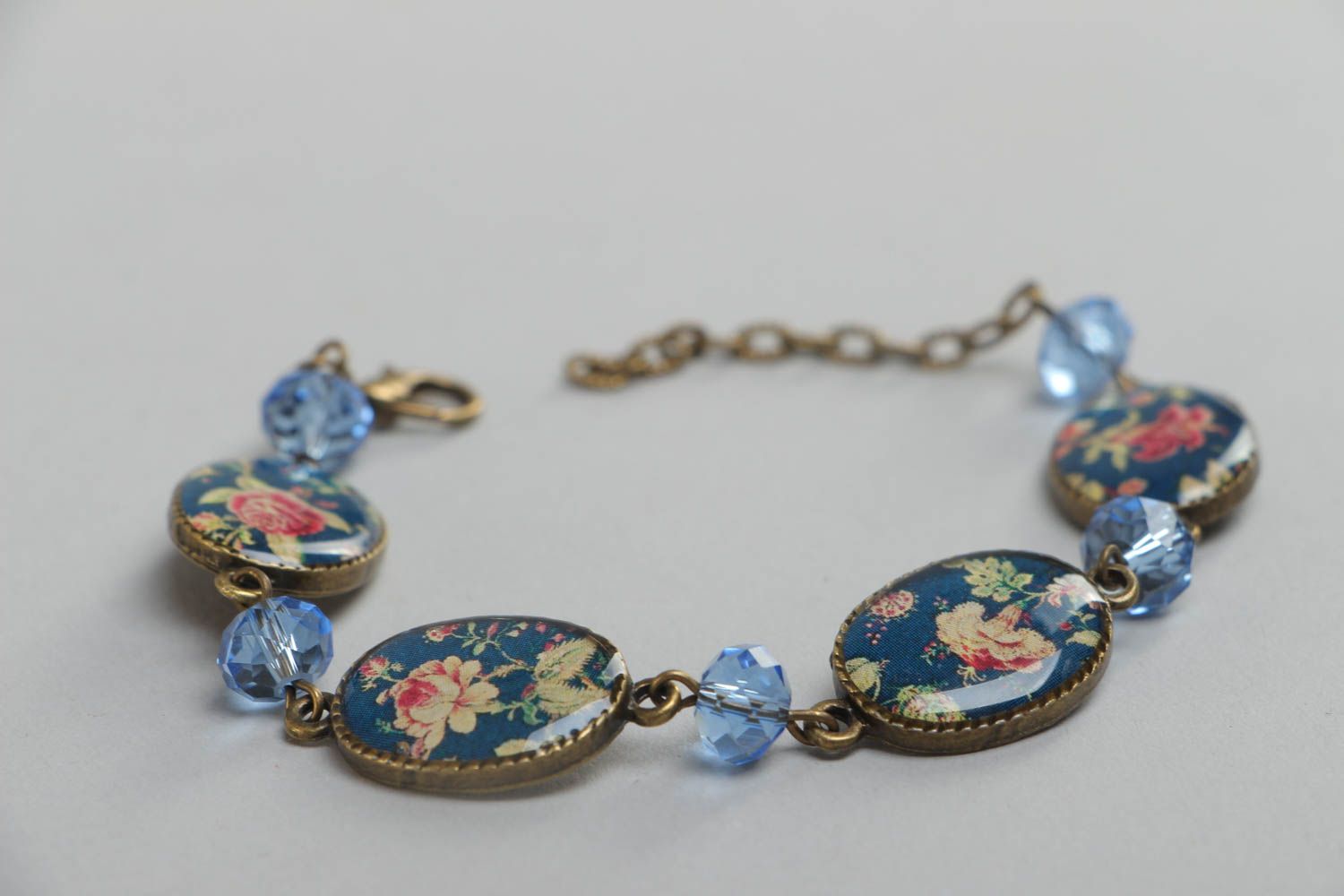 Beautiful stylish handmade glass glaze wrist bracelet of blue color with flowers photo 3