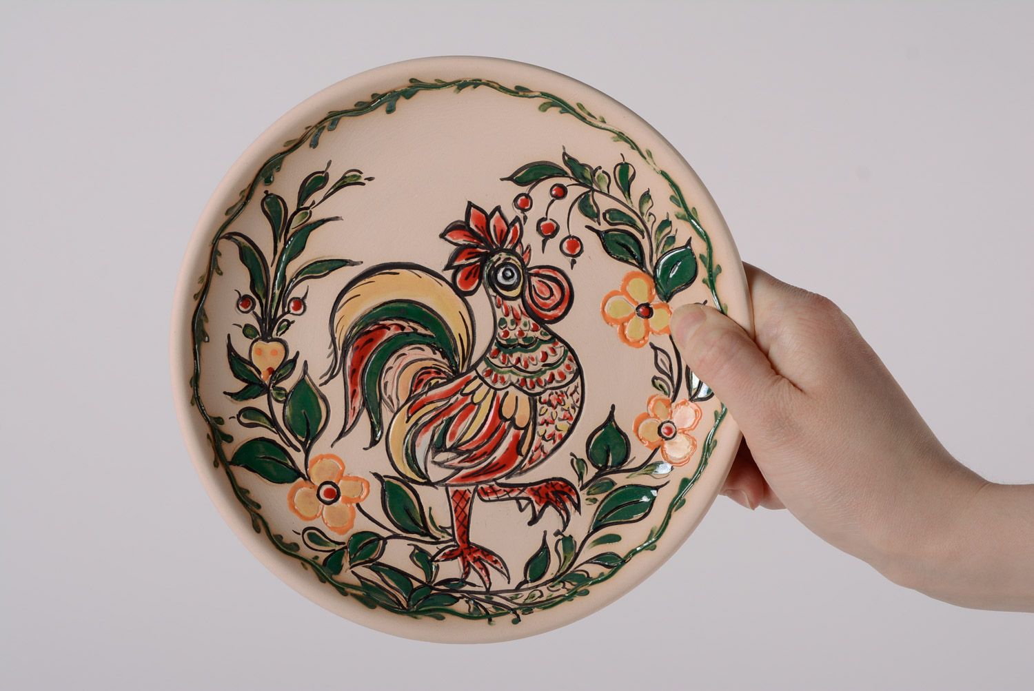Assiette en céramique décorative faite main peinte de glaçure originale Coq photo 2
