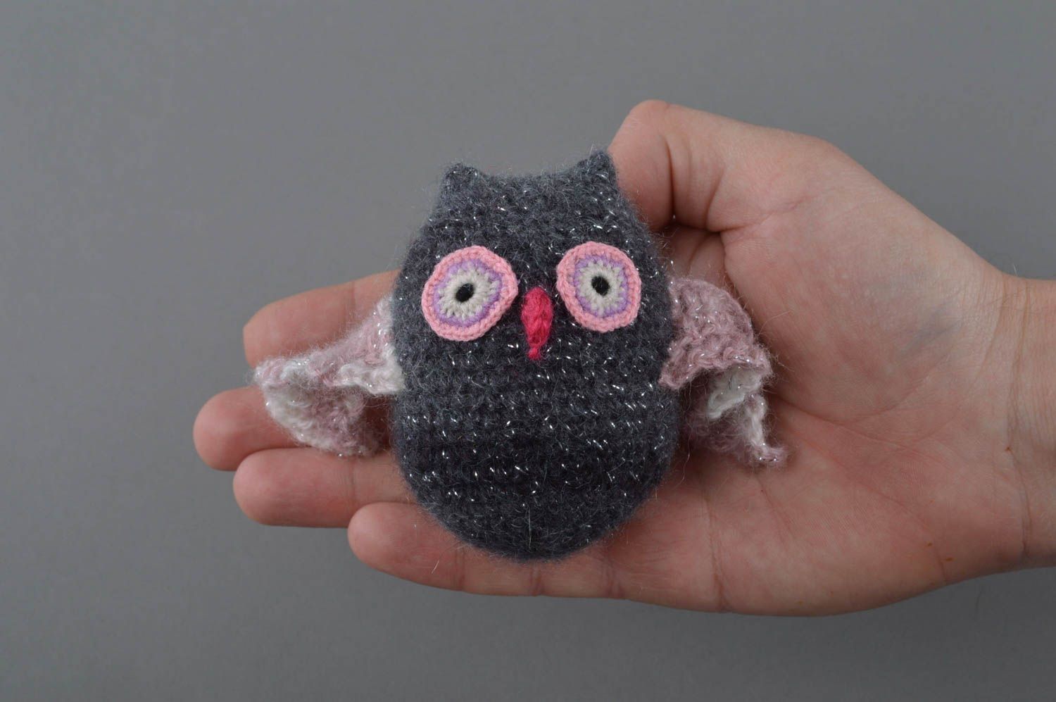 Handmade designer small gray crochet toy owl for children photo 4