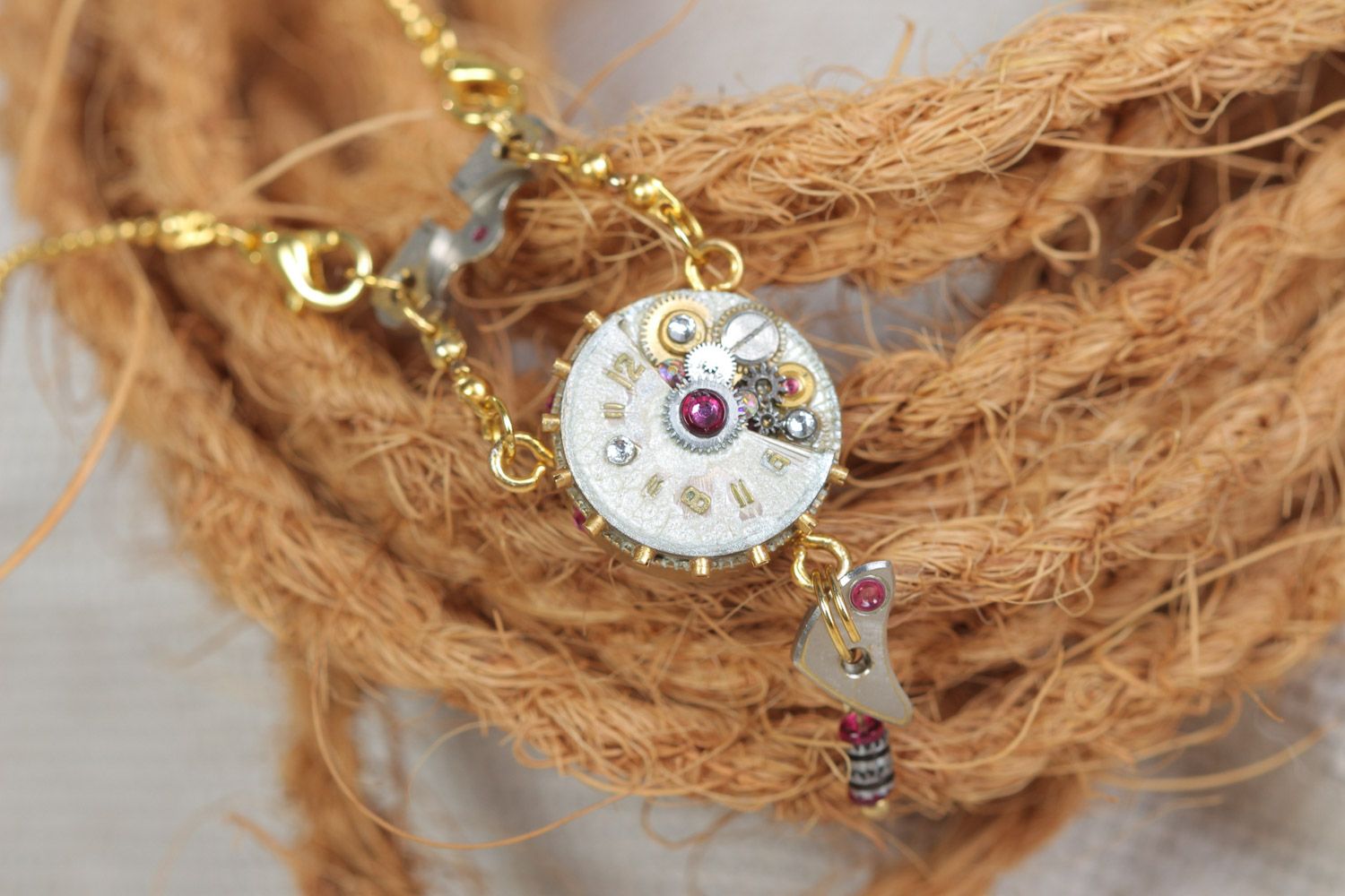 Women's handmade metal neck pendant with clockwork details in steampunk style photo 1
