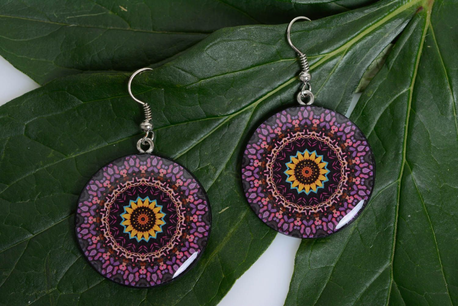 Polymer clay handmade earrings decoupage technique purple summer accessory photo 4