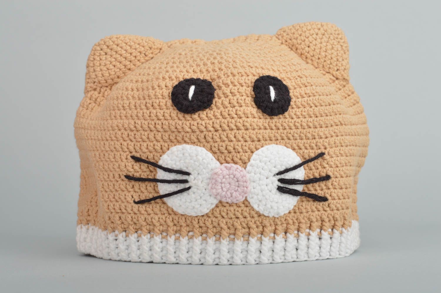 Handmade children's hat crocheted of beige cotton and woolen threads Kitten photo 2