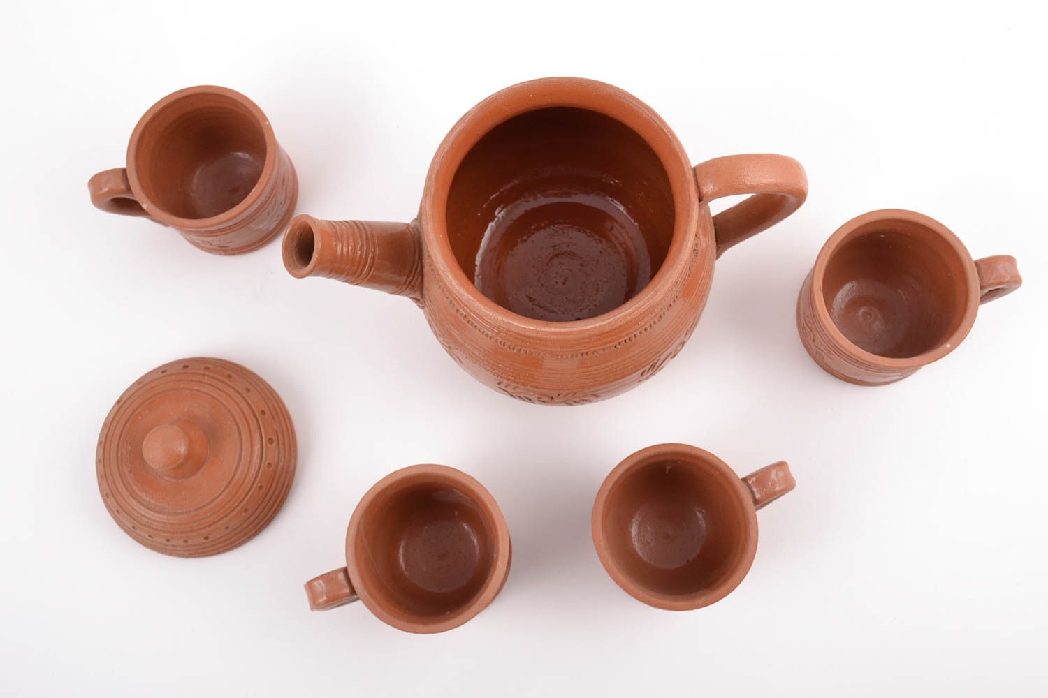 Чайный сервиз ручной работы 4 чашки и заварник глиняные красивые с орнаментом фото 3