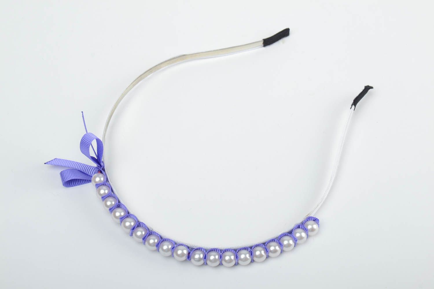 Handmade decorative thin elegant headband with plastic beads and ribbon photo 2