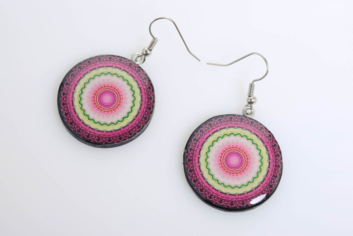 Beautiful bright earrings made of polymer clay handmade decoupage accessory photo 3