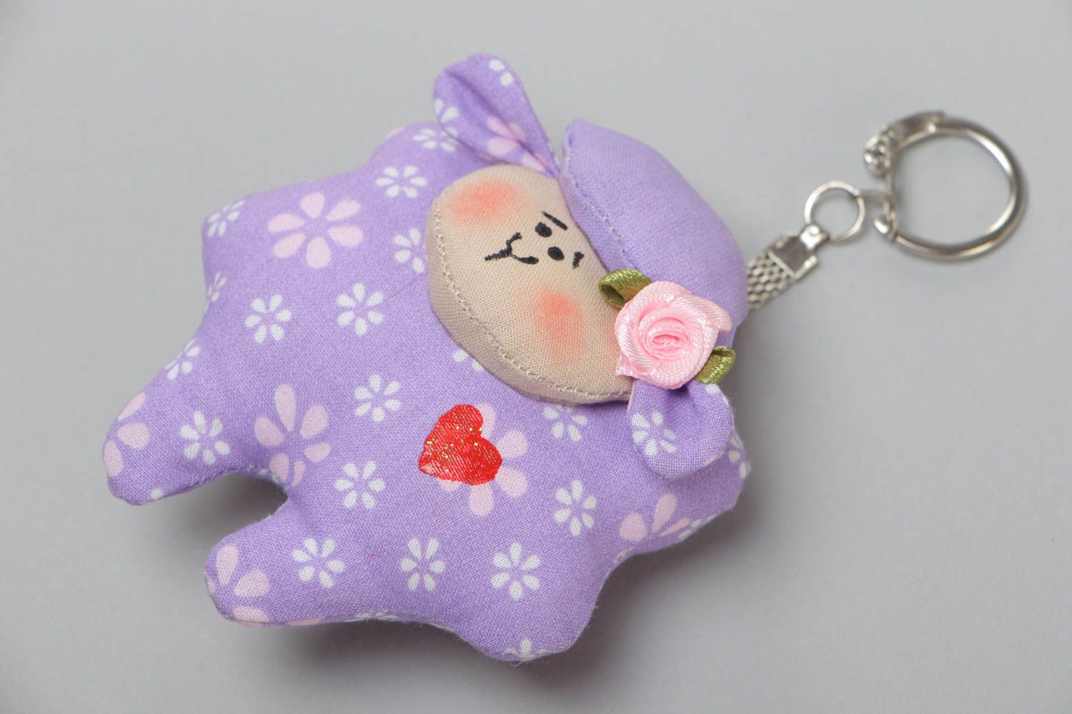 Handmade small soft toy keychain sewn of violet cotton fabric Lamb with red heart photo 2